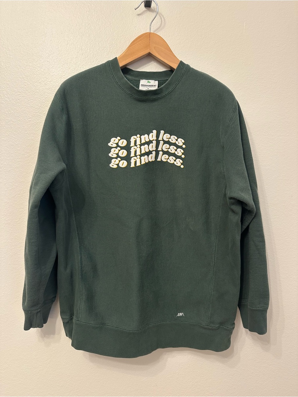 Elyse Myers “Go Find Less” Forest Green Graphic Crewneck Sweater